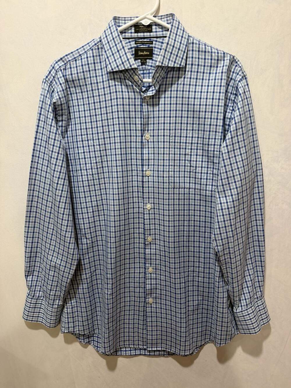 Neiman Marcus Dress Shirt Size 16.5 34/35 Blue Plaid Cotton